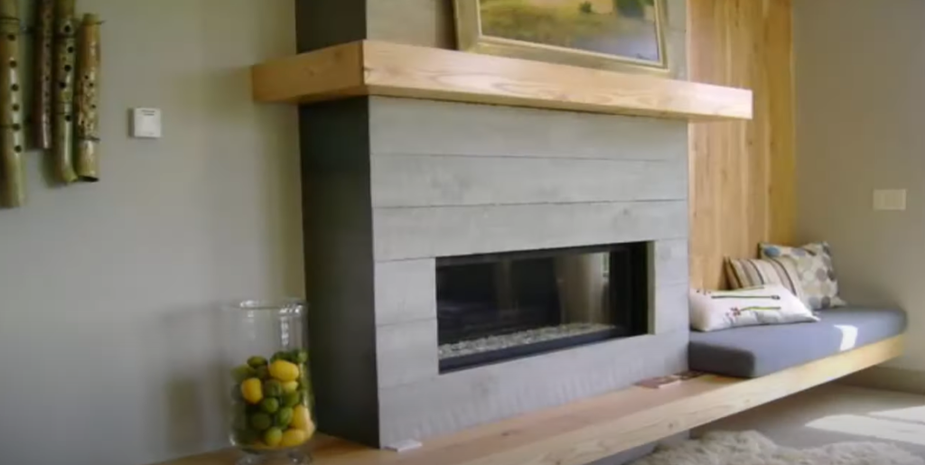 Stone Linear Fireplace With Rustic Mantel